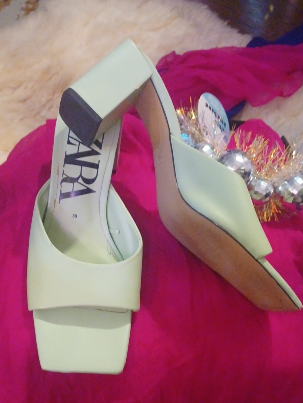 Zara Mint Green Peep Toe Block Heel Mules Size 39/8-8.5